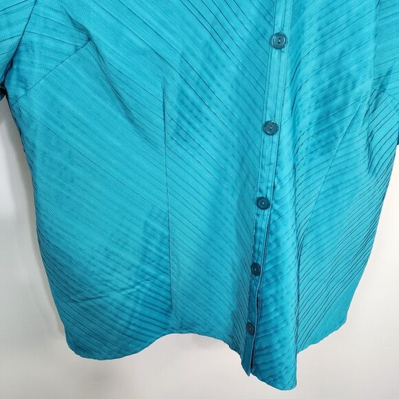 Maggie Barnes Shirt Womens 3X Blue Textured Pleated Striped Short Sleeve Button - Picture 7 of 9